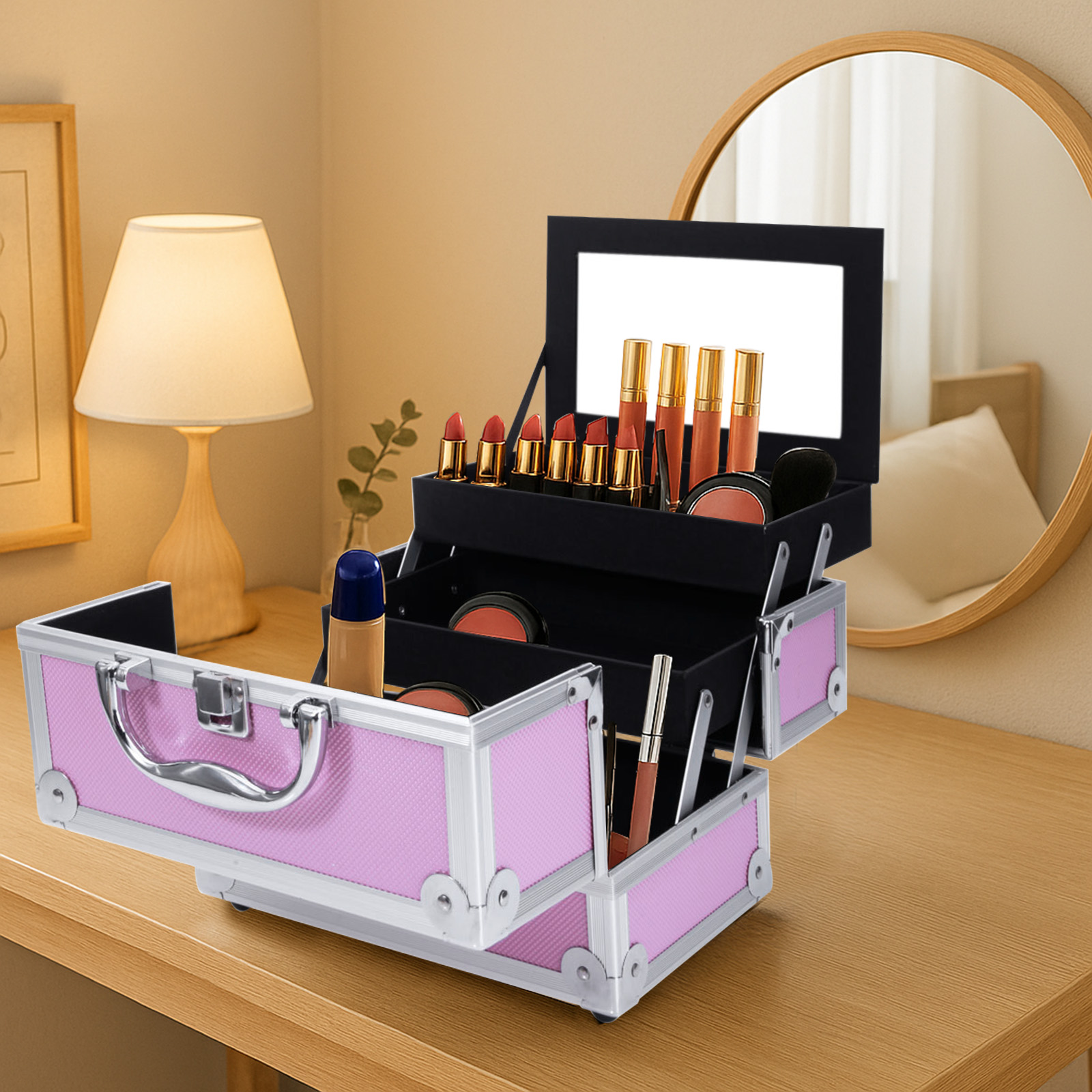 Travel Accessories Box - Pink Aluminum Alloy Makeup Case, Double